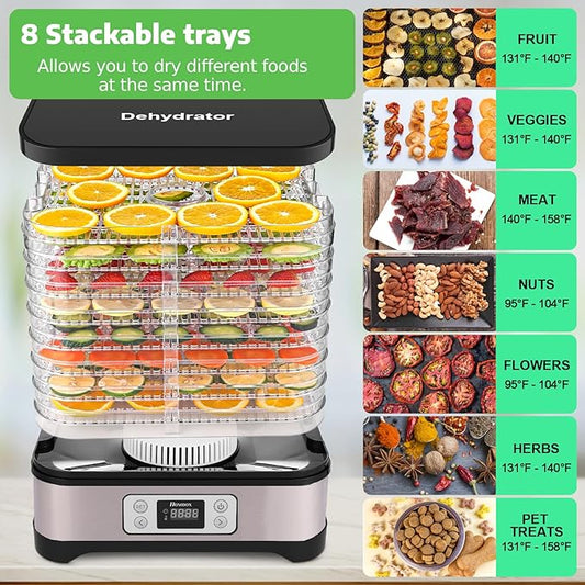 Homdox Food Dehydrator Machine, 8 BPA-Free Trays, 72H Timer & Temperature Control 158°F Max, 400W Dehydrator for Food and Jerky, Fruit, Herbs, Meat, Veggies, Dog Treats, Fruit Roll Sheet Included