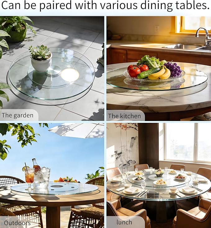 34" Glass Lazy Susan for Dining Table, Glass Turntable Table Centerpiece with 6 Rotating Wheels, 360° Smooth and Silent Spin Tabletop Rotating Tray, for Family Gatherings, Banquets, Weddings, 86 cm