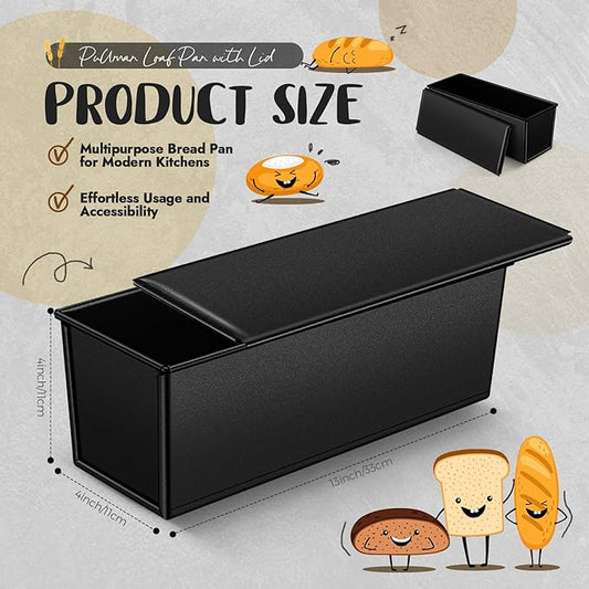 2 Pack 2 lb 13 x 4 Inch Pullman Loaf Pan with Lid Dough Capacity Bread Loaf Pan with Cover, Nonstick and Quick Release Coating for Home Bakeware Bread Toast Oven Baking(Black)