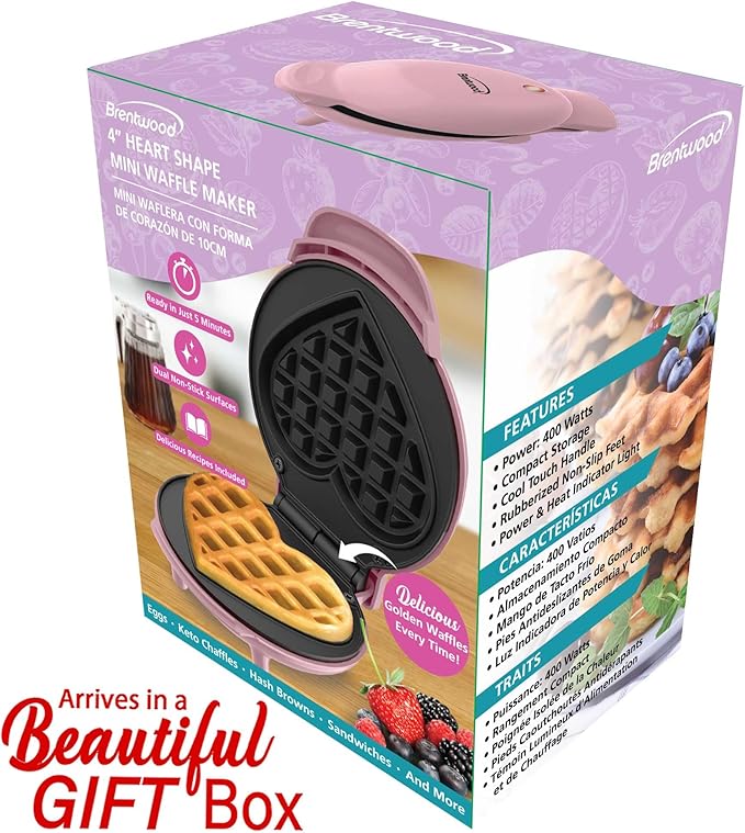 Brentwood 5” Non-Stick Mini Maker for Waffles, Keto Chaffles, Hash Browns, and More (Pink Heart)