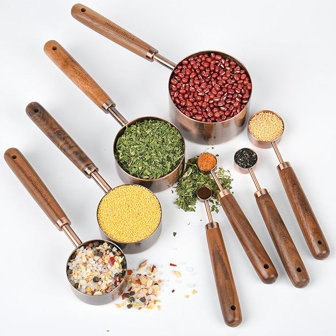 Measuring Cups and Spoons Set with Wood Handle, Stainless Steel Measuring Cup and Spoons Set, Copper Measuring Cups and Spoons for Kitchen & Baking