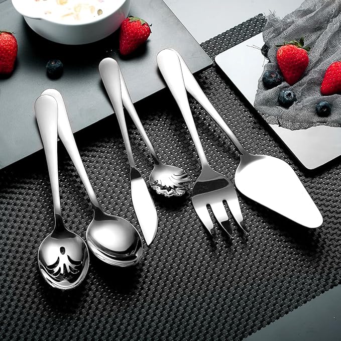 Berglander Silverware Serving Set 6 Pieces, Stainless Steel Serving Spoons Set, Flatware Serving Set, Serving Utensils Set Easy to Clean and Dishwasher Safe