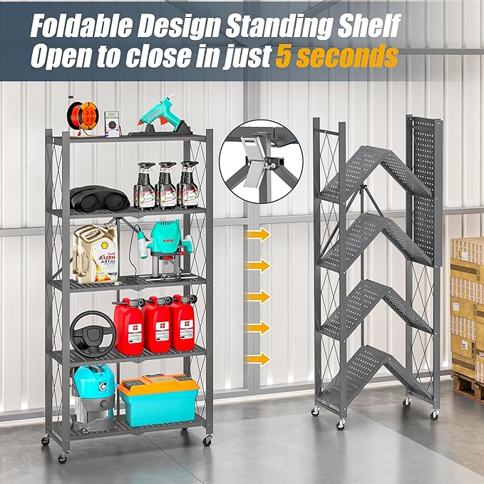 5-Tier Folding Metal Storage Rack - 63" Heavy-Duty Steel Frame with Wheels, No Assembly Utility Organizer, Rolling Shelving Unit for Kitchen, Garage, Pantry, Bedroom (Gray, 5 Tier)