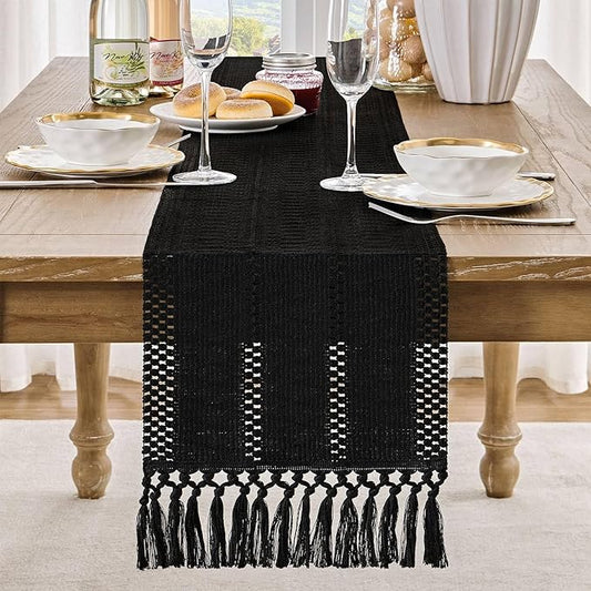 ZeeMart Macrame Style Boho Table Runner, Black Table Runners 60 Inches Long, Farmhouse Woven Home Decor, 12x60 Inch, Black