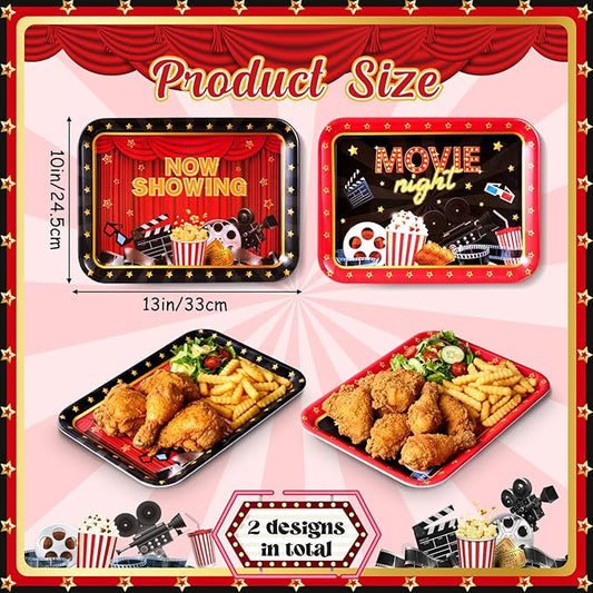 Vesici 4 Pack Movie Night Melamine Serving Trays, 13 x 10 Inch Rectangular Cinema Snack Platters with Popcorn & Film Designs, Durable Serving Plates for Home Theater, Parties & Appetizers