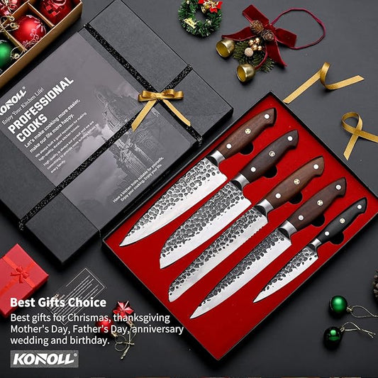 KONOLL Kitchen Knife Set of 5 pcs Japanese AUS-8 Steel Forged Handmade Chef Knives Set without block For Chef Gift Box knofe Set Ultra Sharp with Full Tang Large Wood Handle