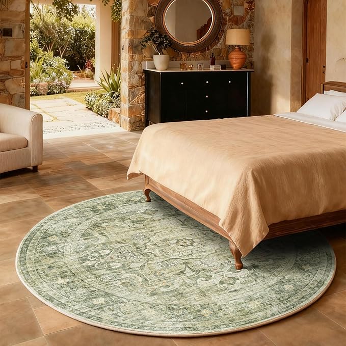 4x4 Round Bedroom Rug Washable: Round Rugs Stain Resistant Green Floral Rug Non Slip Low Pile Small Carpet for Bedroom Kitchen Entryway Living Room Bedside Office Dorm Kids Room Entrance