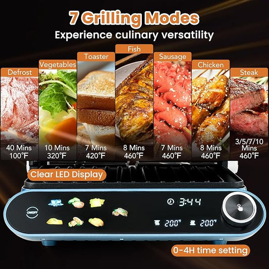 ARLIME Panini Grill Press Sandwich Maker, 1200W Electric Griddle with LED Touch Panel, 7 Grilling Modes, Dishwasher Safe Non-stick Plates, Removable Drip Tray, Indoor Grill for Burger, Cheese, Steaks