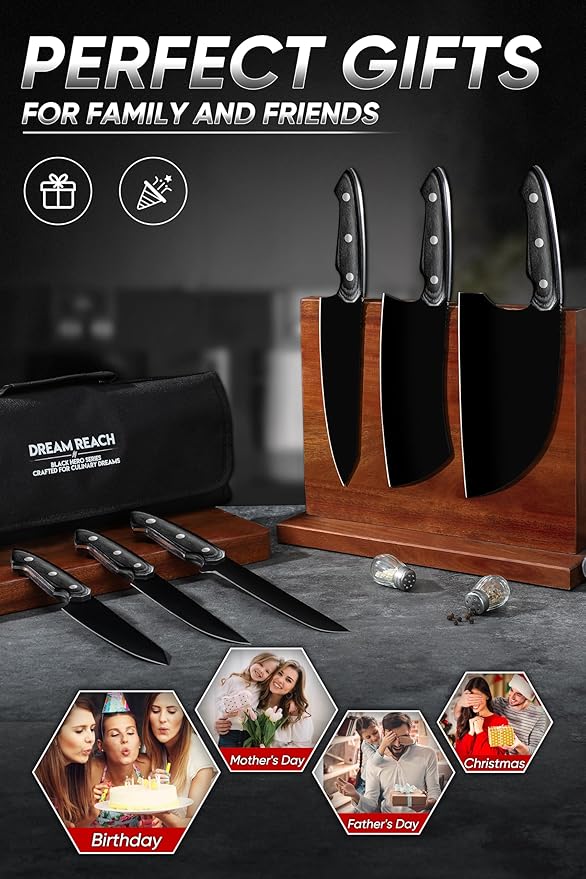 Dream Reach Chef Knife Set - 6PCS Hand Forged Black Butcher Knife Set for Meat Cutting, Serbian Cleavers with A Roll Bag for Kitchen Camping BBQ Outdoor, Birthday Mother Father Gift Idea