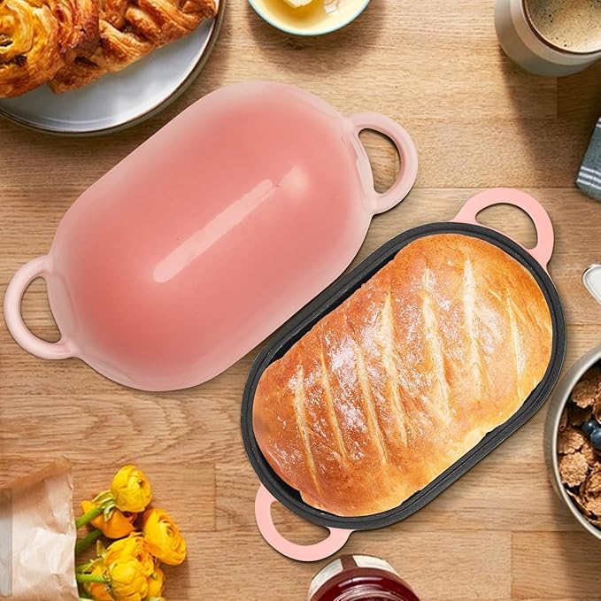 NSIRONS Enameled Cast Iron Sourdough Bread Oven, 5QT Loaf Cast Iron Bread Pan with Lid, Oval Dutch Oven for Homemade Bread Baking (Gradient Pink)