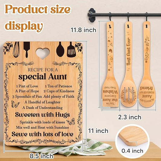 Gifts for Aunt - "Recipe for a Special Aunt" Aunt Birthday Gifts Cutting Board Set, Bamboo-Made Engraved Utensil Set, Aunty Birthday Gifts