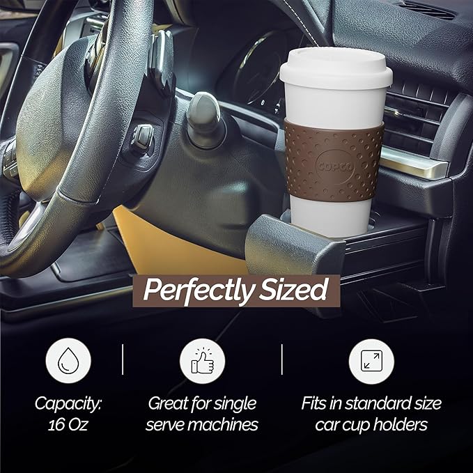 Copco Acadia 16 oz Reusable To-Go Travel Mug - BPA-Free Insulated Coffee Cup with Double-Wall Insulation, Spill-Proof Lid & Non-Slip Rubber Grip - Microwave & Dishwasher Safe (White/Brown)