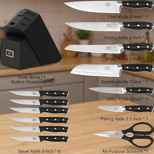Sharp Knife Set High Carbon Stainless Steel Forged Ergonomic Triple Rivet Handle Sharp Knife Set for Kitchen Hundreds of Years of Masterful Craftsmanship(Black,15PCS)