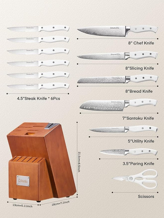 Knife Set, D.Perlla 15 Pieces Kitchen Knife Set with Built-in Sharpener, Stainless Steel kitchen Knives with Unique Waved Pattern, Non-slip Handle, Brown