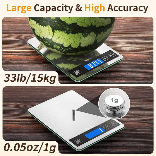 BakFee Food Scale, 15kg/33lb Digital Kitchen Scale with Stainless Steel & Tempered Glass, 1g / 0.05oz Precise Graduation, Waterproof and Sturdy Surface, for Cooking, Baking, Weight Loss, Meal Prep