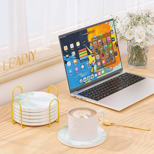 6Pcs/Set Marble Abstract Ceramic Coasters with Holder, Absorbent Drink Coasters, Coffee Cup Coaster,Round Ceramic Table Coasters Set Decorative