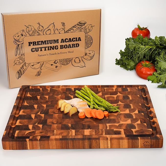 Howizz Acacia Wood Large Cutting Board, Thick End Grain Solid Wood Butcher Block For Kitchen, Non Toxic Pre-Oiled Carving Tray w/Juice Grooves and Easy Grip Handle, 20"x15"x1.5" (Gift-Ready Box)