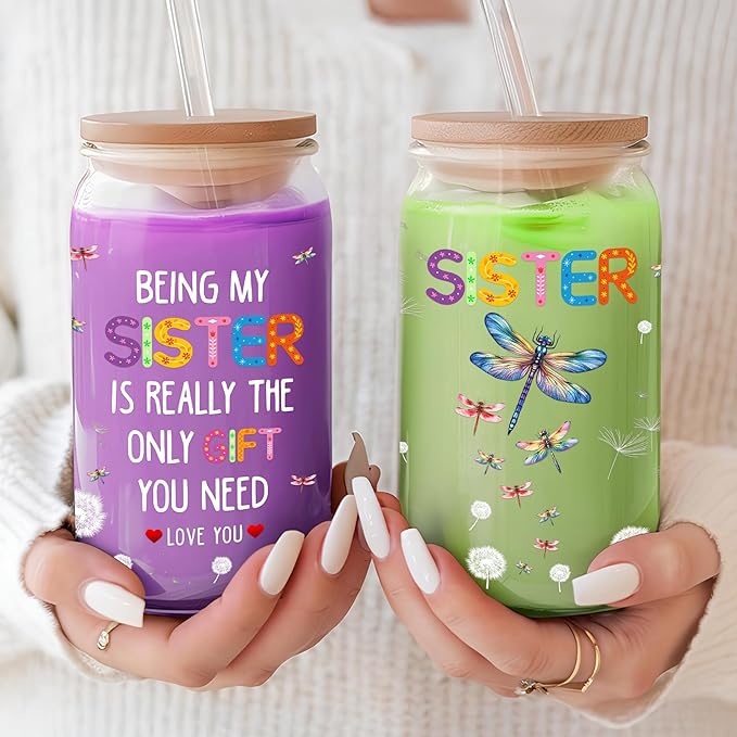 Gifts for Sister 16 Oz Glass Cups with Lids and Straws Funny Sis Iced Coffee Cup Birthday Mother's Day Christmas Gift from Brother Sisters for Friends Sibling Soulmate Bestie Women BFF