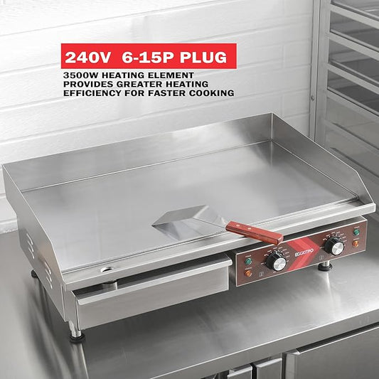 EGGKITPO Commercial Electric Griddle 29 Inch Large Countertop Griddle Non-Stick Flat Top Grill Stainless Steel Teppanyaki Griddle with Adjustable Temperature 90℉-575℉ for Restaurant Use 240V 3500W