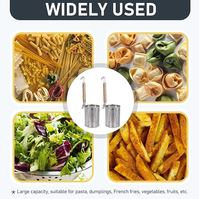 2 Pack Pasta Basket for Boiling Stainless Steel Food Strainer with Wood Handle Spaghetti Spoon Fine Mesh Colander for Pasta Noodle Dumpling (4.5"D x 14.6"H)
