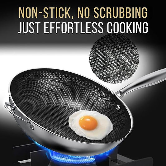 MUGAA 12.5” Nonstick Stainless Steel Wok Pan with Lid | Tri-Ply Honeycomb Hybrid Stir-Fry Pan | Nonstick Woks & Stir-Fry Pans | PFOA-Free, Induction, Dishwasher & Oven Safe