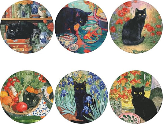 Cat Coasters Leather Round Drink Coasters 6 Pcs Set with Holderor for Cup Drink Coffee Table Bar Home Decor
