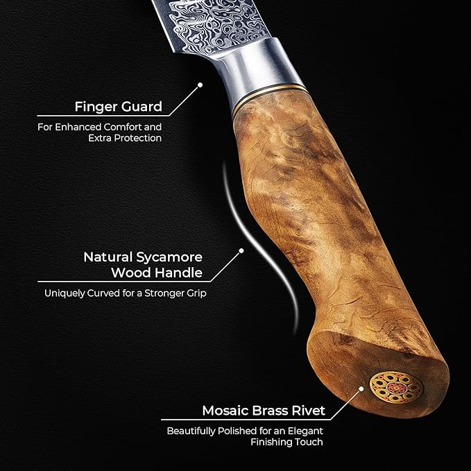 SENKEN 5" Damascus Steel Utility Knife - Dynasty Collection - 67-Layer Japanese VG10 Steel with Sycamore Wood Handle, Razor Sharp Double Bevel 15° Edge