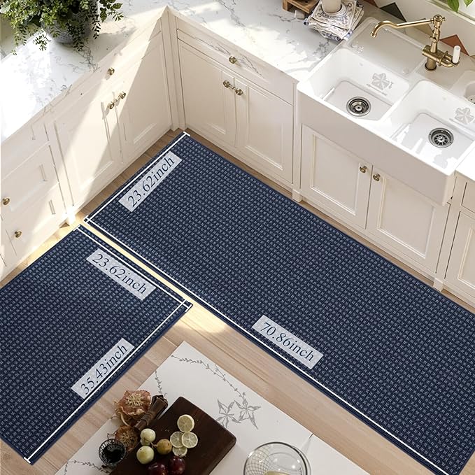 Kitchen Rugs,Non Slip Kitchen Mats for Floor-Thick Stain Resistant Kitchen Floor Mat Runner Carpet for Hallways Entryway Laundry Room Washable(24"x35"+24"x71",Navy Blue)
