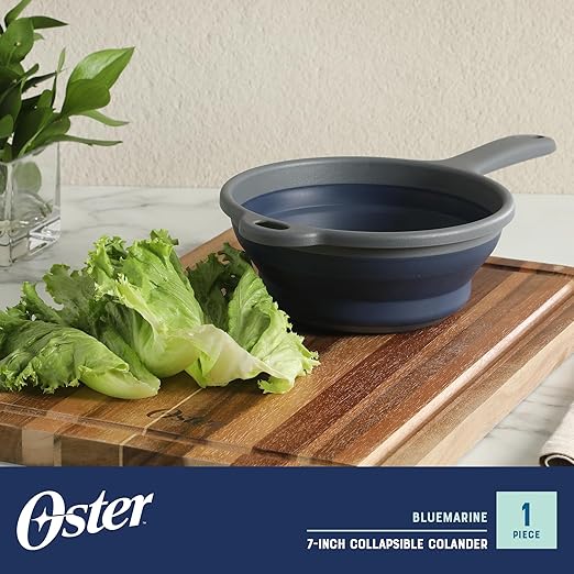 Oster Bluemarine Foldable Handled Strainer – 7-Inch Collapsible Colander for Pasta, Veggies, Fruits, Compact Kitchen Tool, Dishwasher Safe, Blue/Grey