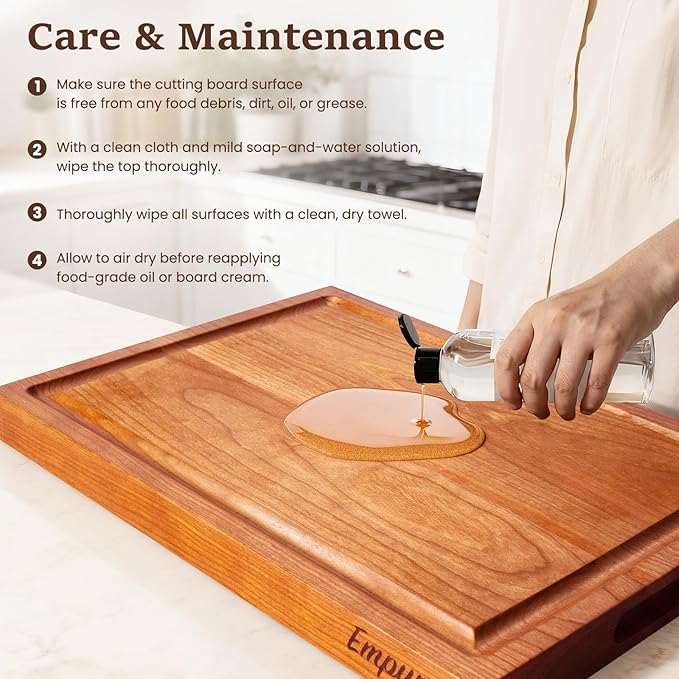 Empune Cherry Wood Cutting Boards for Kitchen Wooden Cutting Board with Handle, Chopping Board with Built-in Juice Groove & Well, Heavy-duty Charcuterie Board Butcher Block, 16.5x11.8x1.4 Inches