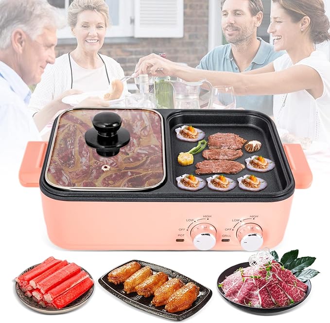 Electric Hot Pot with Grill, 2-in-1 Indoor Electric Grill & Hot Pot Combo, Nonstick Pan For Boiling & Frying for Korean BBQ, Steaks, Shabu Shabu Vegetables Noodles, (Pink)