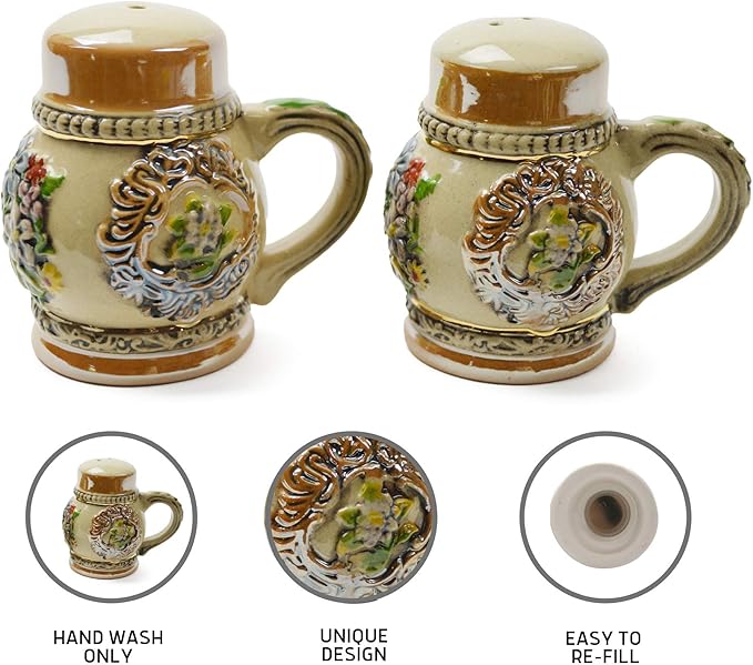 Alpine Flowers Engraved Beer Stein German Kitchen Ceramic Salt and Pepper Shakers Set by E.H.G