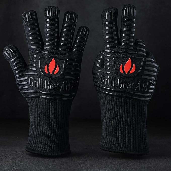 GRILL HEAT AID BBQ Gloves 1472°F Heat-Proof Gloves for Grilling & Barbecue, Heat-Resistant Oven Mitts with Kitchen Dexterity for Cooking, Baking Pizza, Fireproof Glove for Fire Pit, Fireplace, Smoker