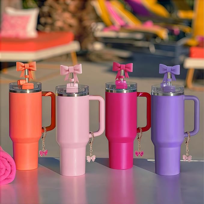 Compatible with Stanley Cup Accessories - 4Pcs 10mm Cute Bow Straw Topper Compatible with Stanley Cup Straw Cover Cap, 2pcs Bow Charms for Stanley 30&40 Oz Tumbler with Handle