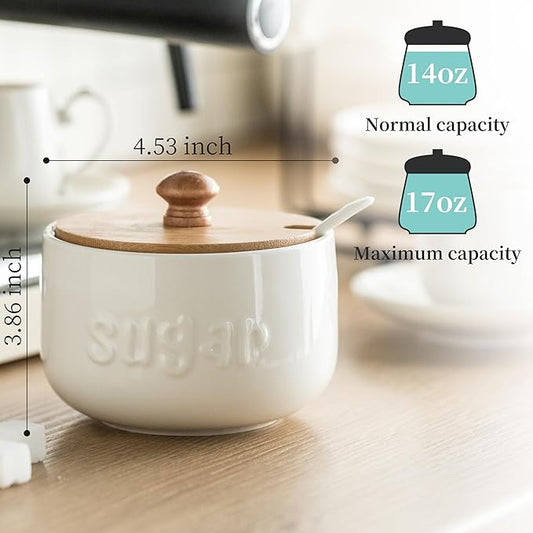 LYEOBOH Sugar Bowl with Lid and Spoon,17 OZ Sugar Jar, Ceramic Jar with Lid, Sugar Container for Coffee Bar, Sugar Bowls for Countertop, Azucarera for Farmhouse Home and Kitchen, White