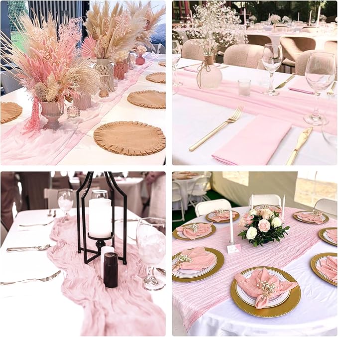 10 Pack Light Pink Cheesecloth Table Runner 10FT Boho Gauze Fabric Table Runner Vintage Rustic Sheer Runners for Wedding Party Bridal Baby Shower Long Table Decorations