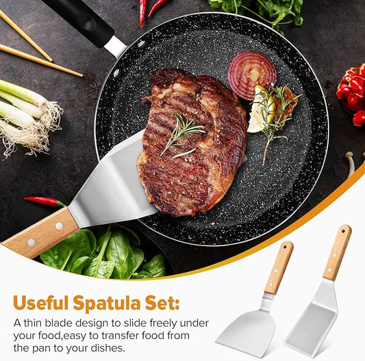 Metal Spatula Set,Fish Griddle Spatulas,Stainless Steel Spatula Turner with Wooden Handle,Small Wide Beveled Edges Spatulas Flippers for Cast Iron Skillet, Pancake, Egg, Burger, Omelet, 2 Pack