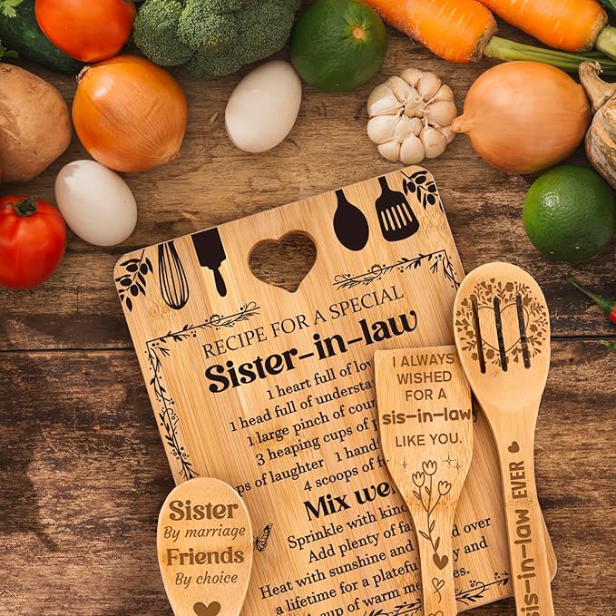 Gifts for Sister in Law - "Recipe for a Special Sister-in-Law", Sister in Law Birthday Gifts Engraved Bamboo-Made Cutting Board Set, Sister in Law Birthday Gifts.