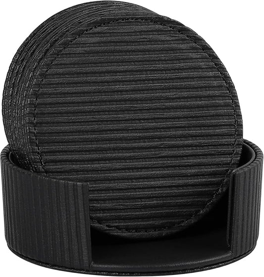 6 Pcs Premium Leather Coasters with Holder, Tabletop Protection, Coffee Table & Bar Decoration, Modern-Style Drink Coasters Suitable for Home Dining Tables & Kitchen Accessories (Black Stripe)