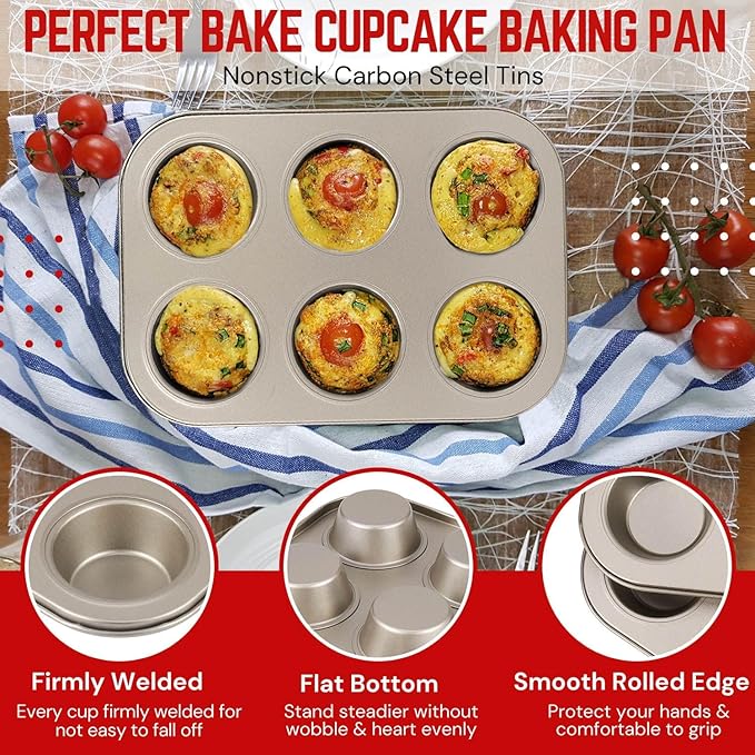 Flexzion Muffin Tray Cupcake Baking Pan 2 Pack, Carbon Steel Muffin Tins Nonstick 6 Cups, Cupcake Tin Bakeware Accessories for Baking Cupcake Muffin Brownies Snack, Fridge Safe, Champagne Gold