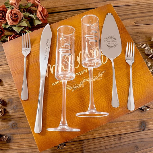Wedding Cake Knife and Server Set, Mr and Mrs Champagne Flutes & Forks with Wooden Box, Silver Cake Cutting Set for Wedding Engagement Bridal Shower Gifts