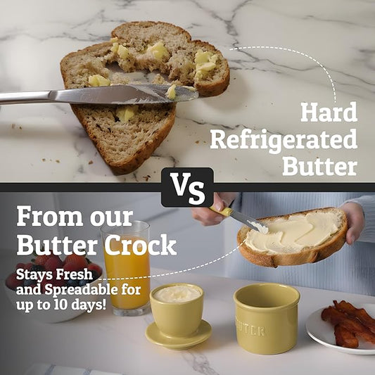 PriorityChef Butter Crock with Lid with Water Line, Ceramic French Butter Dish to Leave On Counter, Khaki