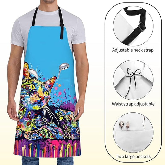 Colorful Cat Apron for Women,28x33in,Fun Artistic Kitten Kitchen Aprons with 2 Pockets,Oxford Fabric,Stylish Creative Adjustable Apron for Cooking Baking Gardening Chef,Gifts for Mom Wife