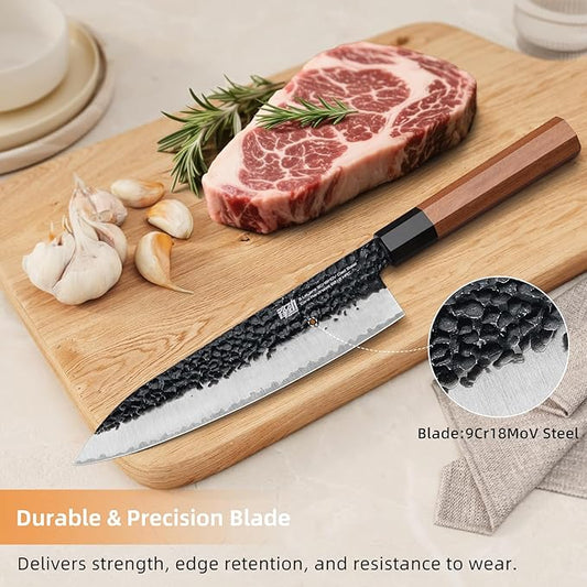 FINDKING Dynasty Series Japanese Chef Knife, Professional Kitchen Knife, 9Cr18MoV High Carbon Steel Blade, African Rosewood Octagonal Handle, Sharp, for Meat Cutting, 8 Inches