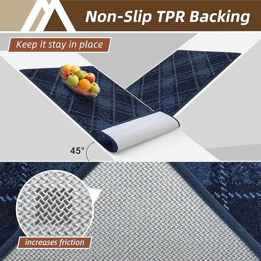 COSY HOMEER Kitchen Rugs and Mats Sets 2PCS Non-Slip Soft Kitchen Mats for Floor Absorbent and Stain Resistant Kitchen Floor Mat Washable Plaid Rugs for Kitchen,24"x36"+24"x60",Navy Blue