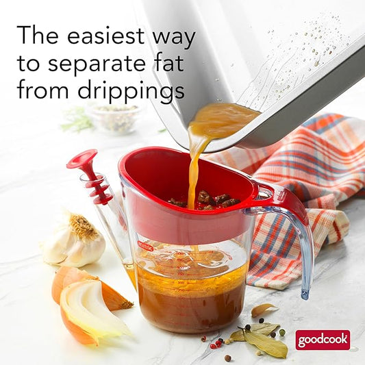 GoodCook Everyday Fat Separator for Cooking, 2-Cup Heat-Resistant Separator with Pour Spout, Bottom Release Fat Separator for BBQ and Gravy, Strainer and Silicone Stopper for Mess-Free Use