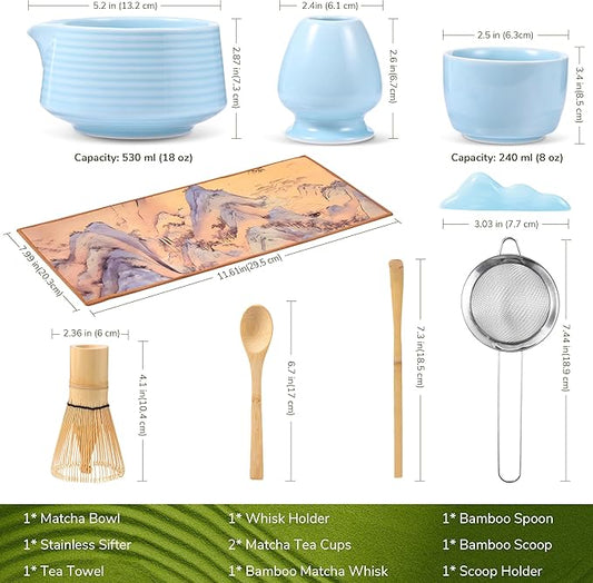 HELPLX Matcha Whisk Set, 10-Piece Japanese Matcha Kit with Bowl, Whisk & Holder, 2 Tea Cups, Bamboo Scoop, Spoon, Sifter, Scoop Rest & Tea Towel – Blue Matcha Tea Set for Ceremony or Daily Use
