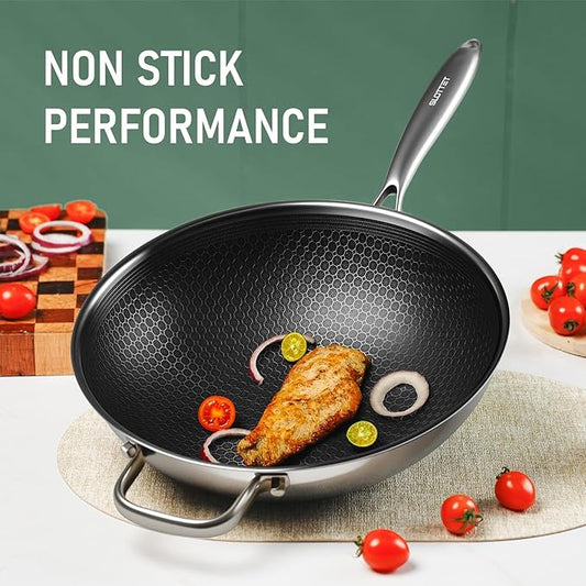 SLOTTET Hybrid 12-Inch Wok with Lid,Nonstick Stainless Steel Woks & Stir-fry pans,Stay-Cool Handle,PFOA Free Cookware,Dishwasher and Oven Safe,Compatible with All Cooktops