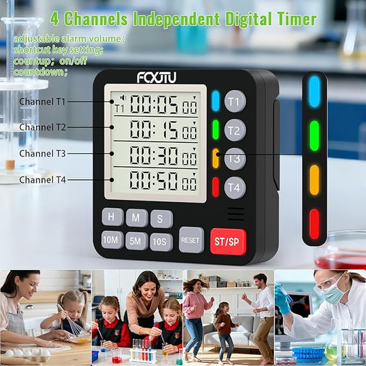 FCXJTU Digital Dual Kitchen Timer, 4-Channel Magnetic Countdown Timer for Cooking, On/Off, Large Display Multi Food Loud Alarm Silent for Classroom Seniors Battery Included (White)
