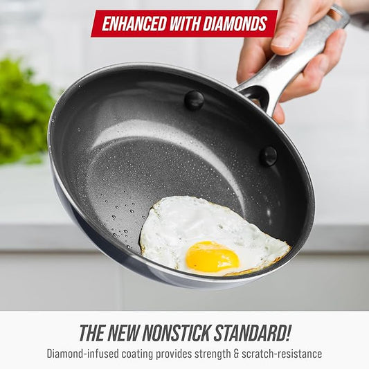 Blue Diamond Frying Pan 8” Skillet, Diamond Infused Healthy Ceramic Nonstick, PFAS and PFOA-Free, Dishwasher and Oven Safe, Even Heating, Metal Utensil Safe, Warp Control Base, Grey